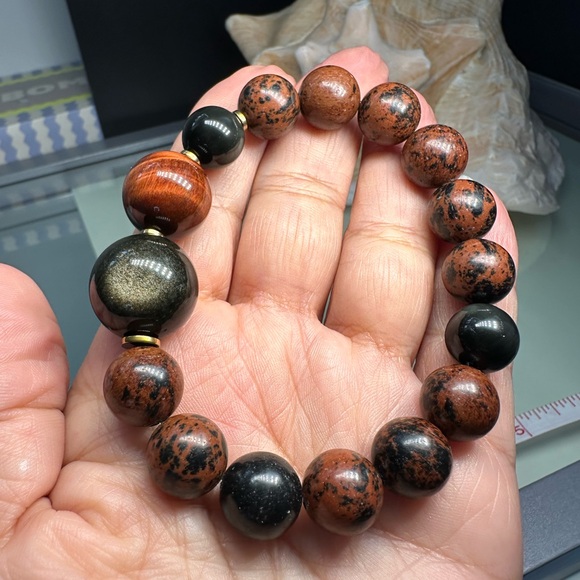 MAHOGANY OBSIDIAN + TIGERS NATURAL BRACELET Sz 7” - Picture 12 of 13